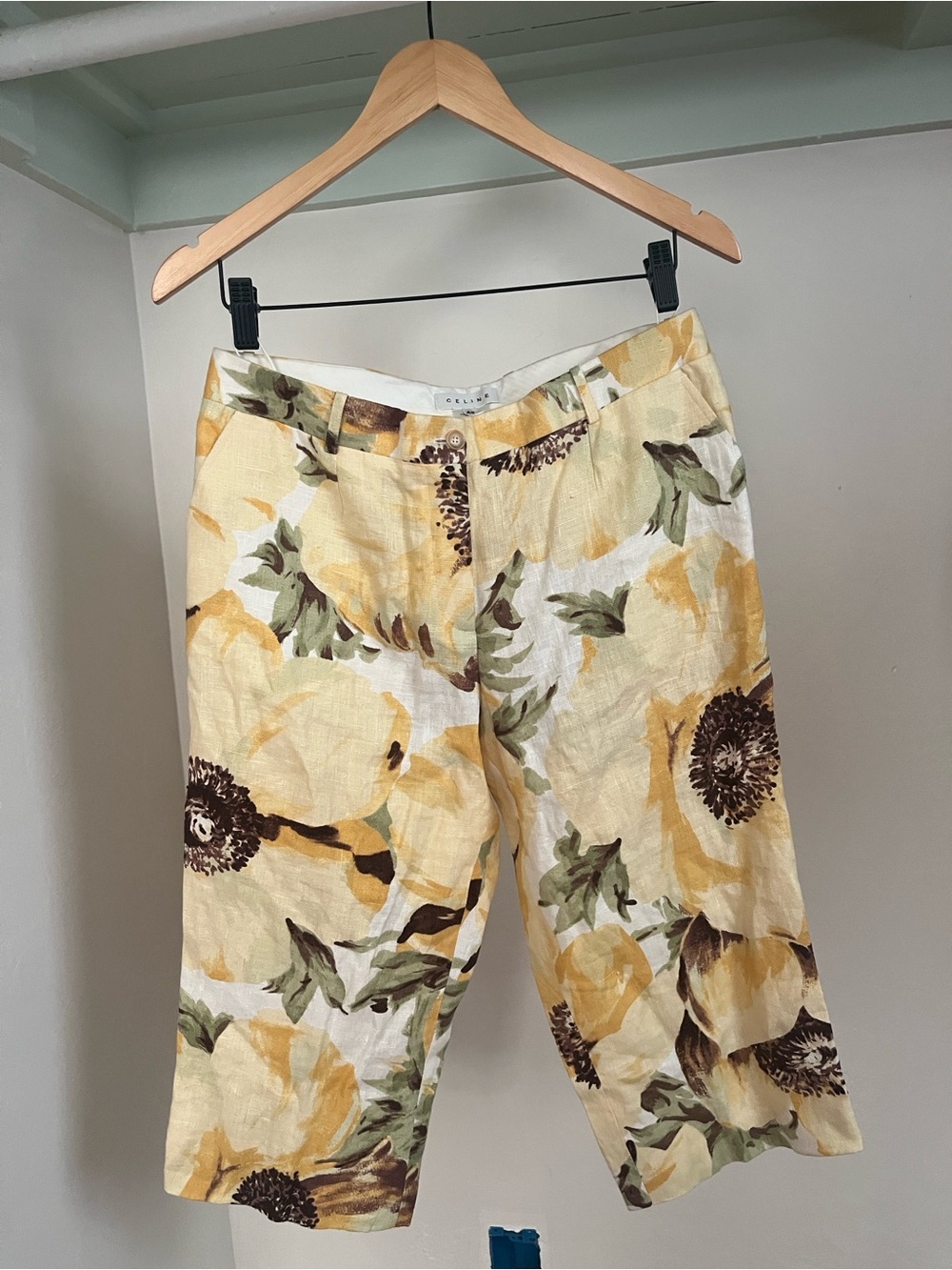 Celine vintage Yellow Floral Linen Capri pant